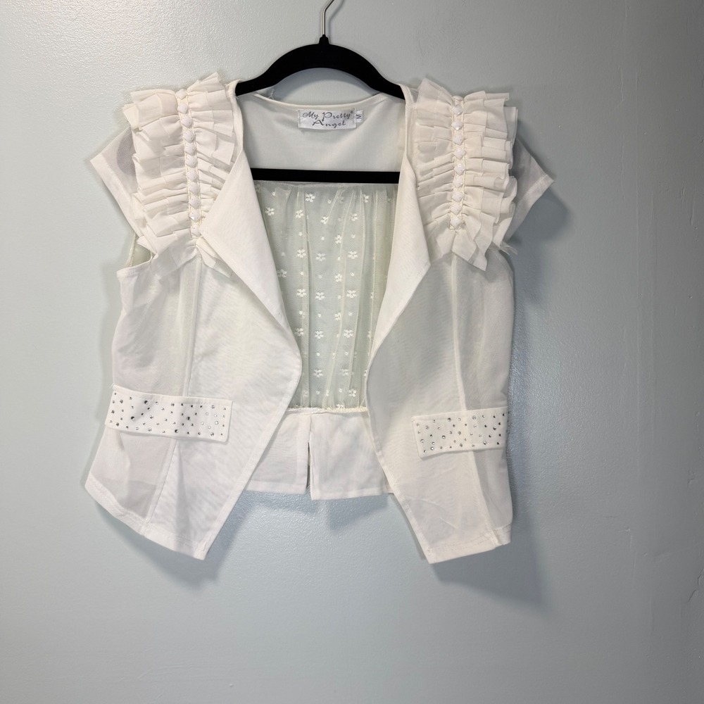 My Pretty Angel White Silk Blend Ruffle Rhinestone Mesh Vest Medium
